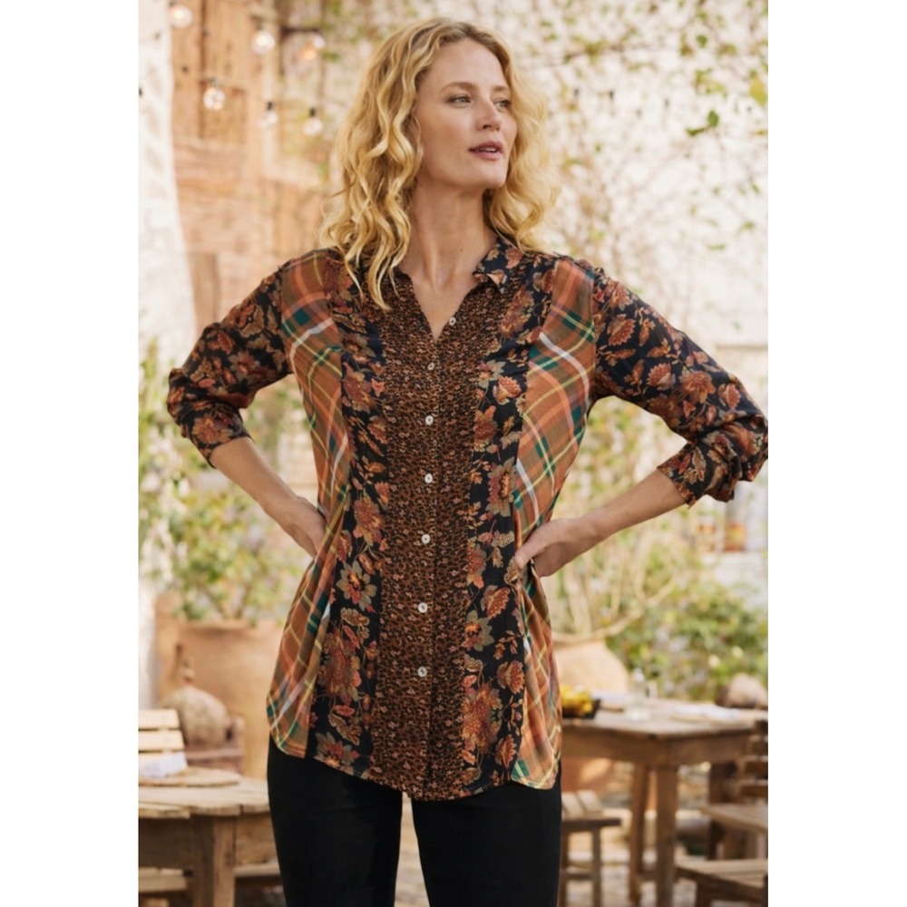 Soft Surroundings Mixed Print Patchwork‎ Tunic Floral Leopard Plaid XL